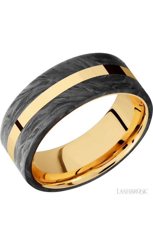 8 mm wide/Flat/14K Yellow Gold band with two 3 mm Double Off Center Edge inlays of Forged Carbon Fiber.