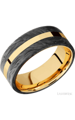 8 mm wide/Flat/14K Yellow Gold band with two 3 mm Double Off Center Edge inlays of Forged Carbon Fiber.