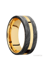 8 mm wide/Flat/14K Yellow Gold band with two 3 mm Double Off Center Edge inlays of Forged Carbon Fiber.