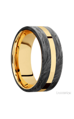 8 mm wide/Flat/14K Yellow Gold band with two 3 mm Double Off Center Edge inlays of Forged Carbon Fiber.