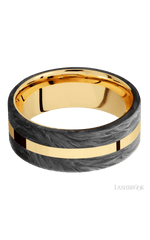 8 mm wide/Flat/14K Yellow Gold band with two 3 mm Double Off Center Edge inlays of Forged Carbon Fiber.