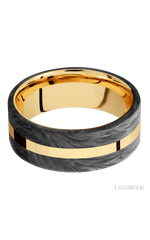 8 mm wide/Flat/14K Yellow Gold band with two 3 mm Double Off Center Edge inlays of Forged Carbon Fiber.