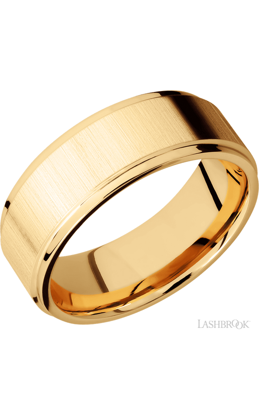 8 mm wide Flat Grooved Edges 14K Yellow Gold band.