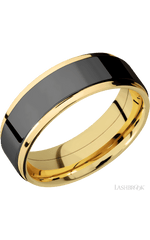 7 mm wide/Flat Grooved Edges/14K Yellow Gold band with one 5 mm Raised Centered inlay of Zirconium.