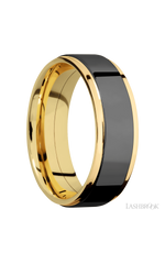 7 mm wide/Flat Grooved Edges/14K Yellow Gold band with one 5 mm Raised Centered inlay of Zirconium.