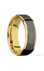 7 mm wide/Flat Grooved Edges/14K Yellow Gold band with one 5 mm Raised Centered inlay of Zirconium.