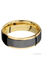 7 mm wide/Flat Grooved Edges/14K Yellow Gold band with one 5 mm Raised Centered inlay of Zirconium.