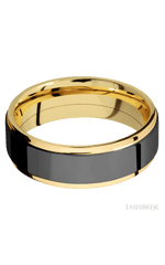 7 mm wide/Flat Grooved Edges/14K Yellow Gold band with one 5 mm Raised Centered inlay of Zirconium.