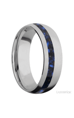 7 mm wide/Domed/Titanium band with one 2 mm Off Center inlay of Blue Tiger Eye.