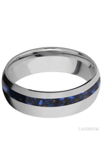 7 mm wide/Domed/Titanium band with one 2 mm Off Center inlay of Blue Tiger Eye.