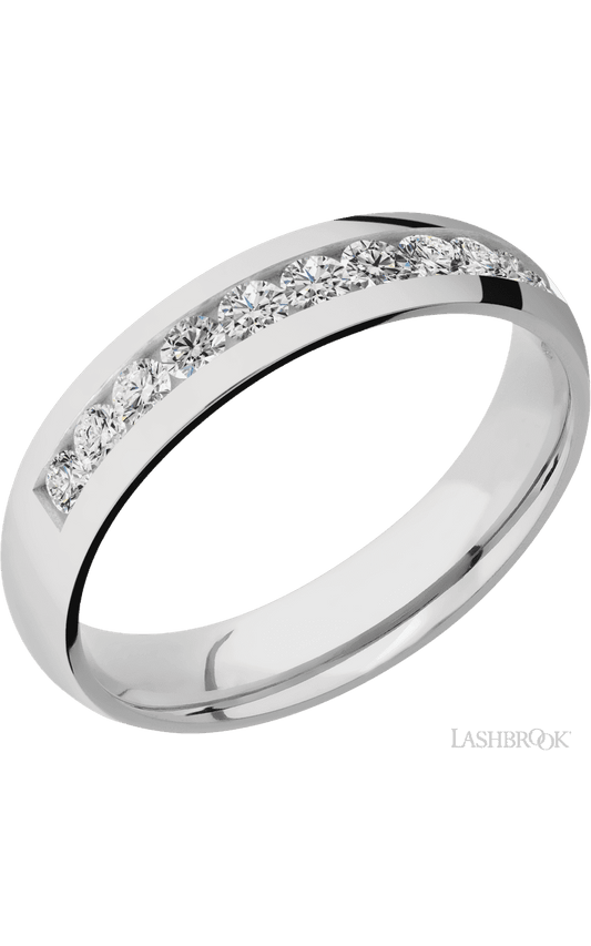 5 mm wide/Domed/Cobalt Chrome band with a Half Eternity arrangement of .07 carat Round Diamond stones in a Channel setting.