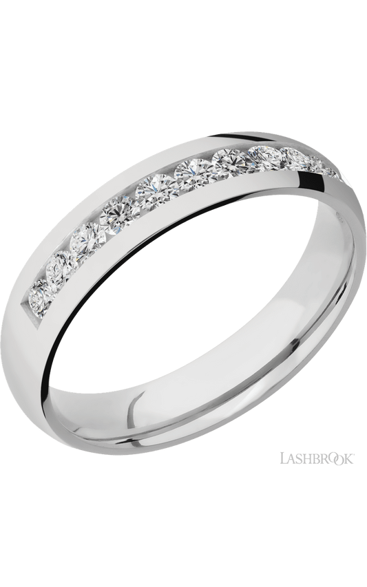 5 mm wide/Domed/Cobalt Chrome band with a Half Eternity arrangement of .07 carat Round Diamond stones in a Channel setting.