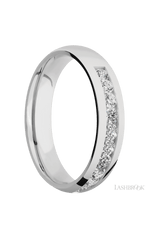 5 mm wide/Domed/Cobalt Chrome band with a Half Eternity arrangement of .07 carat Round Diamond stones in a Channel setting.