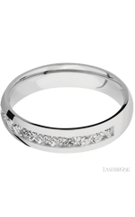 5 mm wide/Domed/Cobalt Chrome band with a Half Eternity arrangement of .07 carat Round Diamond stones in a Channel setting.