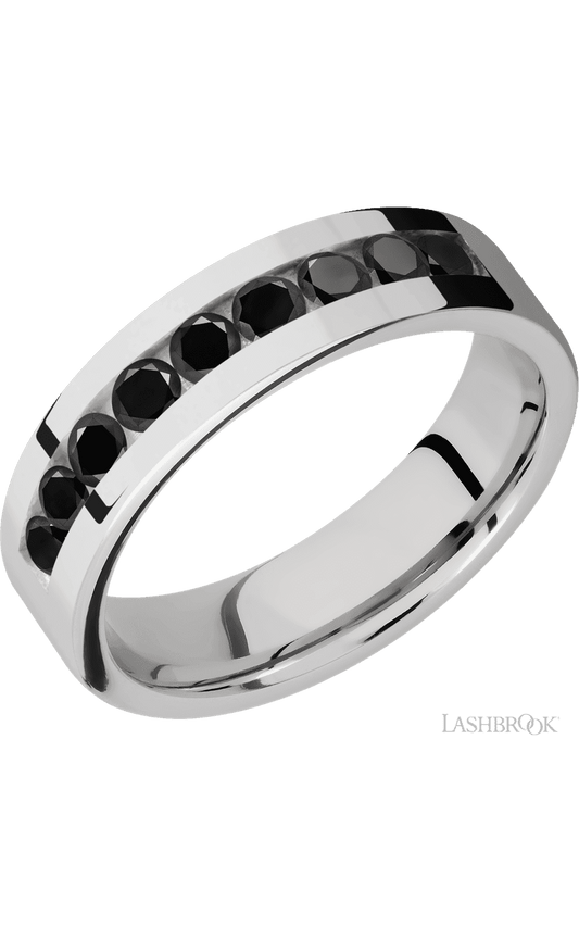 6 mm wide/Flat/Cobalt Chrome band with an arrangement of 9, .1 carat Round Black Diamond stones in a Channel setting.