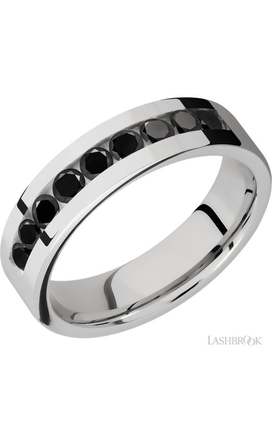 6 mm wide/Flat/Cobalt Chrome band with an arrangement of 9, .1 carat Round Black Diamond stones in a Channel setting.