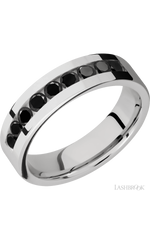 6 mm wide/Flat/Cobalt Chrome band with an arrangement of 9, .1 carat Round Black Diamond stones in a Channel setting.