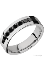 6 mm wide/Flat/Cobalt Chrome band with an arrangement of 9, .1 carat Round Black Diamond stones in a Channel setting.