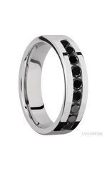 6 mm wide/Flat/Cobalt Chrome band with an arrangement of 9, .1 carat Round Black Diamond stones in a Channel setting.