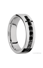 6 mm wide/Flat/Cobalt Chrome band with an arrangement of 9, .1 carat Round Black Diamond stones in a Channel setting.