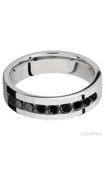 6 mm wide/Flat/Cobalt Chrome band with an arrangement of 9, .1 carat Round Black Diamond stones in a Channel setting.