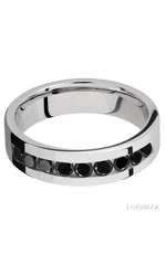 6 mm wide/Flat/Cobalt Chrome band with an arrangement of 9, .1 carat Round Black Diamond stones in a Channel setting.