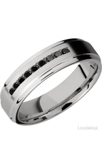6 mm wide/Flat Grooved Edges/Cobalt Chrome band with an arrangement of 9, .03 carat Round Black Diamond stones in a Channel setting.