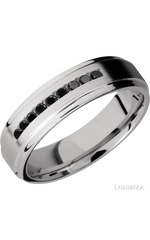 6 mm wide/Flat Grooved Edges/Cobalt Chrome band with an arrangement of 9, .03 carat Round Black Diamond stones in a Channel setting.