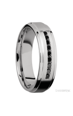 6 mm wide/Flat Grooved Edges/Cobalt Chrome band with an arrangement of 9, .03 carat Round Black Diamond stones in a Channel setting.