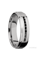 6 mm wide/Flat Grooved Edges/Cobalt Chrome band with an arrangement of 9, .03 carat Round Black Diamond stones in a Channel setting.
