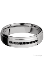 6 mm wide/Flat Grooved Edges/Cobalt Chrome band with an arrangement of 9, .03 carat Round Black Diamond stones in a Channel setting.
