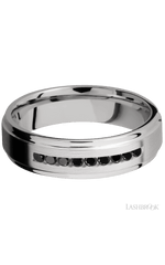 6 mm wide/Flat Grooved Edges/Cobalt Chrome band with an arrangement of 9, .03 carat Round Black Diamond stones in a Channel setting.