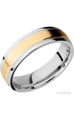 6 mm wide/Flat Stepped Edges Milgrain/Cobalt Chrome band with one 3 mm Raised Centered inlay of 14K Yellow Gold.