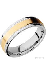 6 mm wide/Flat Stepped Edges Milgrain/Cobalt Chrome band with one 3 mm Raised Centered inlay of 14K Yellow Gold.