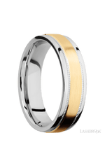6 mm wide/Flat Stepped Edges Milgrain/Cobalt Chrome band with one 3 mm Raised Centered inlay of 14K Yellow Gold.
