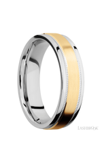 6 mm wide/Flat Stepped Edges Milgrain/Cobalt Chrome band with one 3 mm Raised Centered inlay of 14K Yellow Gold.