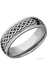7 mm wide/Domed Stepped Down Edges/Cobalt Chrome band with a laser carved Celtic 9 pattern.