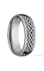 7 mm wide/Domed Stepped Down Edges/Cobalt Chrome band with a laser carved Celtic 9 pattern.