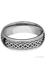 7 mm wide/Domed Stepped Down Edges/Cobalt Chrome band with a laser carved Celtic 9 pattern.