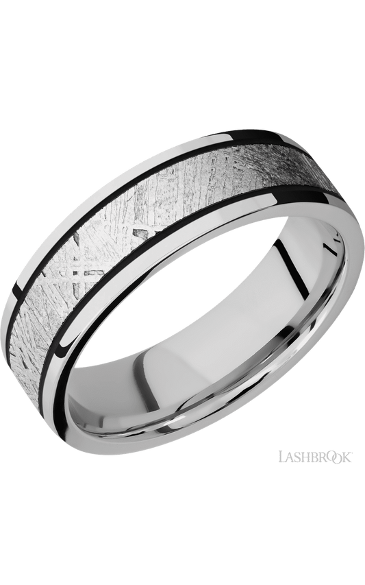 7 mm wide/Flat/Cobalt Chrome band with one 4 mm Centered inlay of Meteorite.