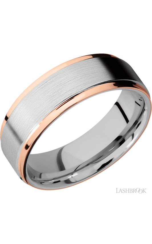 7 mm wide/Flat Grooved Edges/Cobalt Chrome band with two 1 mm Edge inlays of 14K Rose Gold.