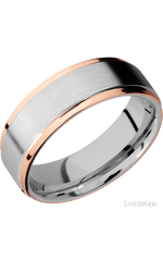 7 mm wide/Flat Grooved Edges/Cobalt Chrome band with two 1 mm Edge inlays of 14K Rose Gold.