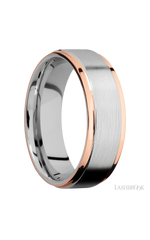7 mm wide/Flat Grooved Edges/Cobalt Chrome band with two 1 mm Edge inlays of 14K Rose Gold.