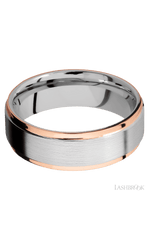 7 mm wide/Flat Grooved Edges/Cobalt Chrome band with two 1 mm Edge inlays of 14K Rose Gold.