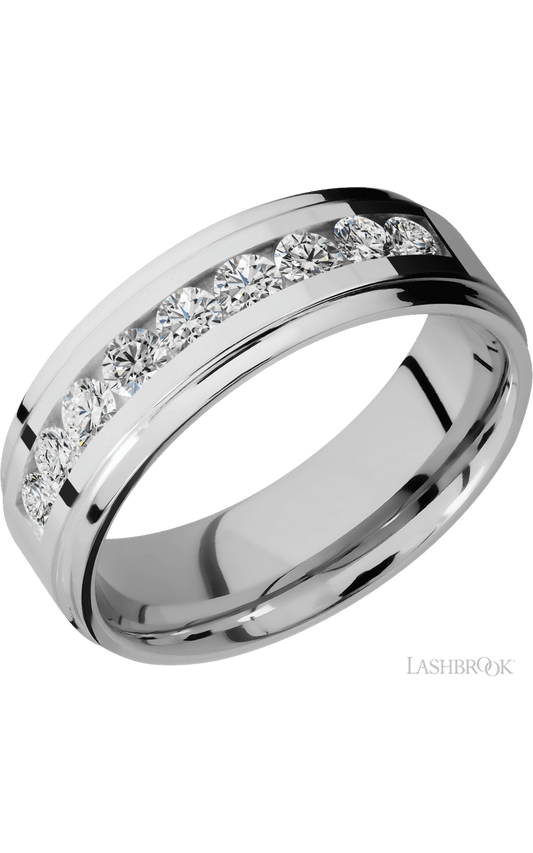 7 mm wide/Flat Grooved Edges/Cobalt Chrome band with an arrangement of 9, .1 carat Round Diamond stones in a Channel setting.