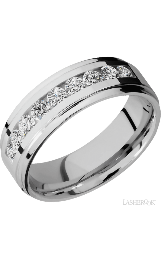 7 mm wide/Flat Grooved Edges/Cobalt Chrome band with an arrangement of 9, .1 carat Round Diamond stones in a Channel setting.
