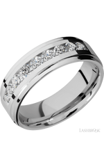 7 mm wide/Flat Grooved Edges/Cobalt Chrome band with an arrangement of 9, .1 carat Round Diamond stones in a Channel setting.
