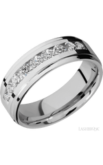 7 mm wide/Flat Grooved Edges/Cobalt Chrome band with an arrangement of 9, .1 carat Round Diamond stones in a Channel setting.