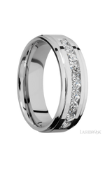 7 mm wide/Flat Grooved Edges/Cobalt Chrome band with an arrangement of 9, .1 carat Round Diamond stones in a Channel setting.