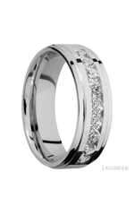 7 mm wide/Flat Grooved Edges/Cobalt Chrome band with an arrangement of 9, .1 carat Round Diamond stones in a Channel setting.